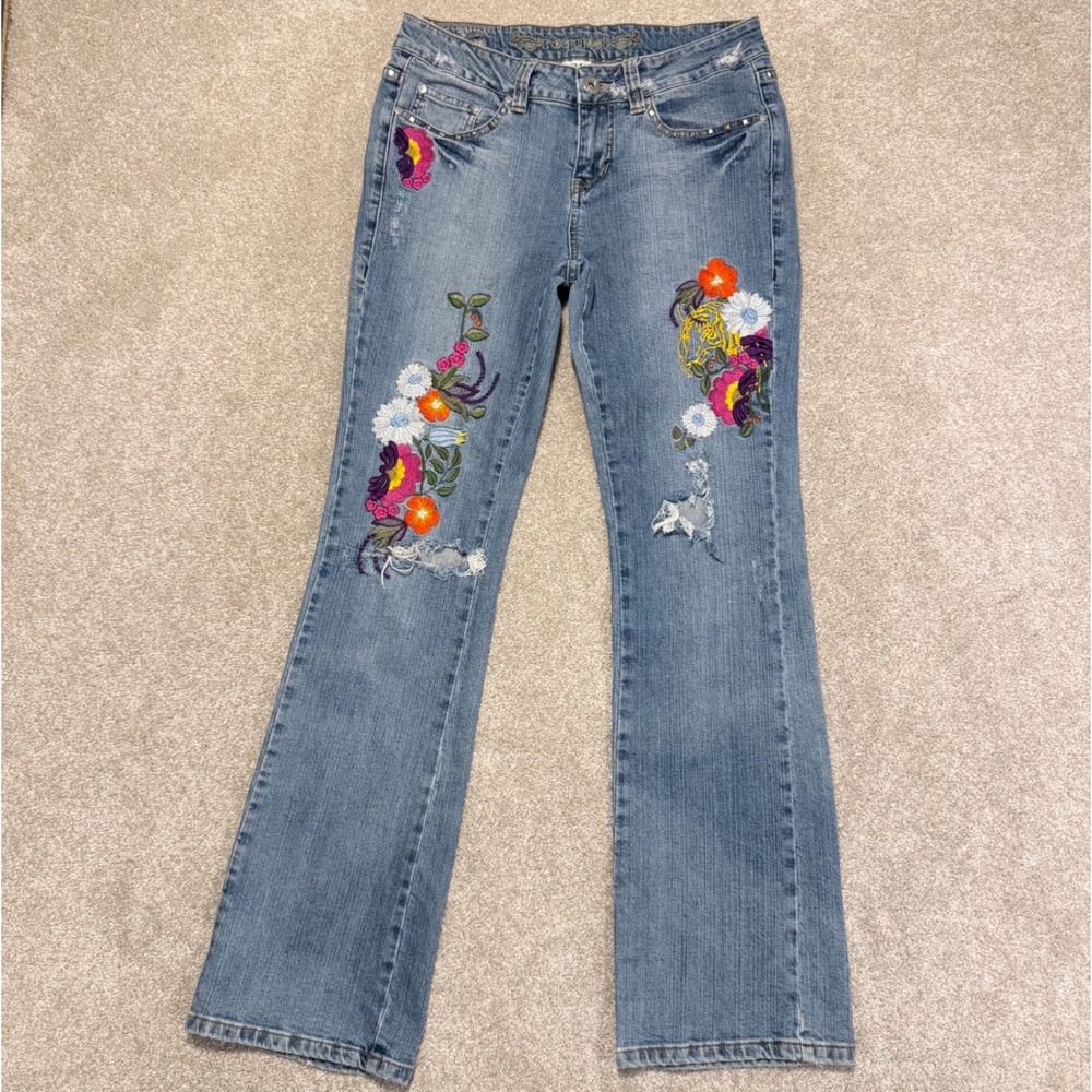 Request Jeans Womens 31 Blue Floral Embroidered Distressed Studded Denim Pants